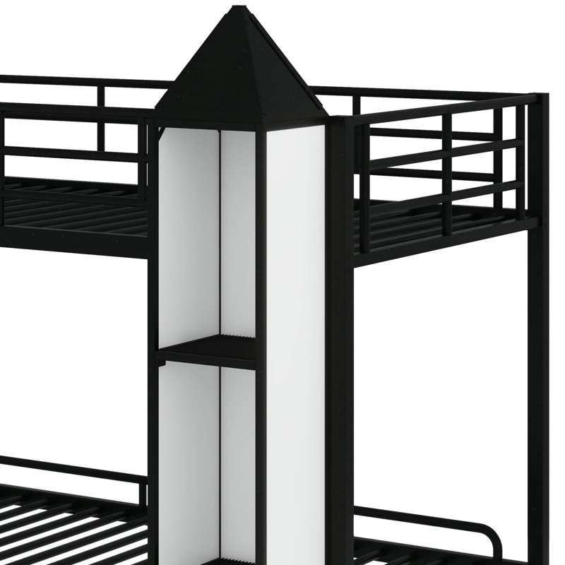 Lit superposé simple en métal de style château avec garde-robe en métal, Noir / blanc