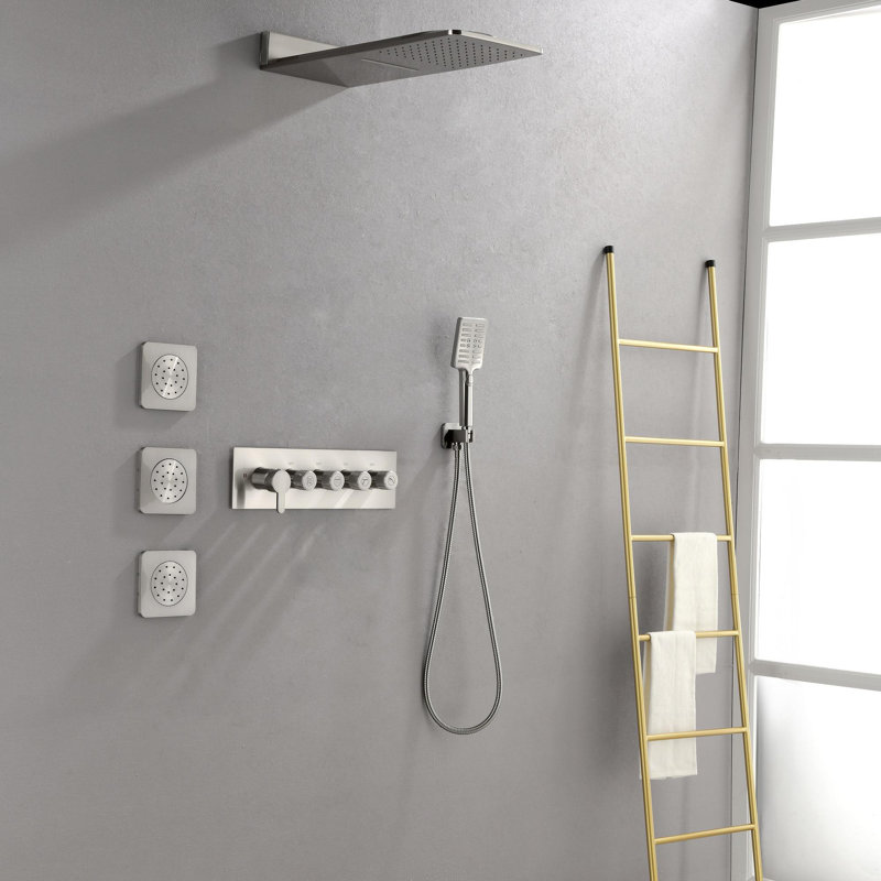 Wall Mounted Waterfall Shower System with Bodysprays, Brushed Nickel
