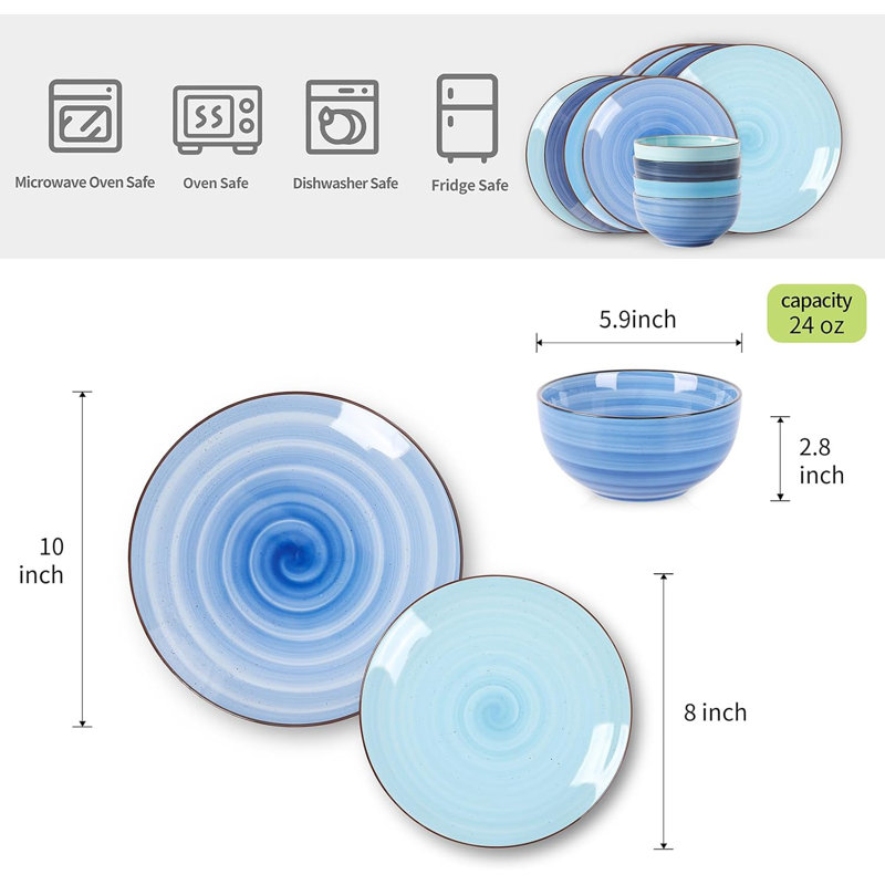 Gradient Blue Swirl Porcelain 12-Piece Dinnerware Set for 4