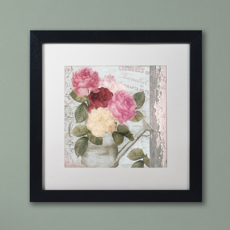 «Chalet d'Ete Roses» par Jadaya, impression encadrée, H 11 po x l 14 po x P 0,5 po, Blanc, Toile avec cadre brun