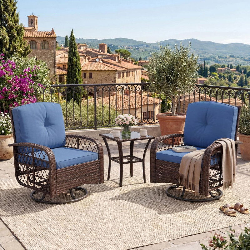 3-Piece Outdoor Swivel Rocker Chairs Set – Washable Cushions & Glass Tabletop for Deck, Patio, Garden, Blue, Brown