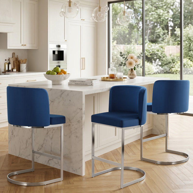 Tabouret de comptoir rembourré 26 po Bittencourt, Velours - Bleu, 1