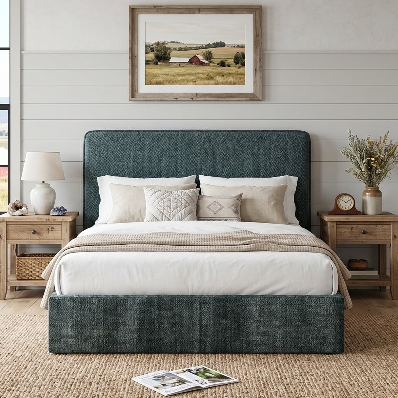 Queen Hydraulic Lift Up Storage Upholstered Platform Bed With Curved Headboard, No Box Spring Needed, Green, Queen, Green