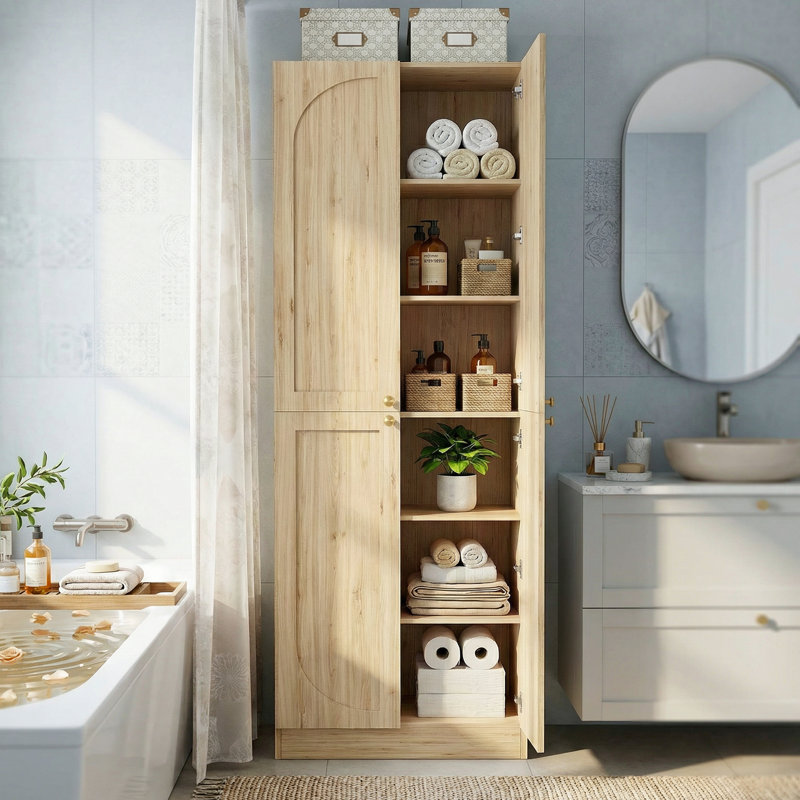 Armoire de rangement Arch 23,6 po - 4 portes en bois, tablettes réglables, autoportante pour la salle à manger / salon, Chêne