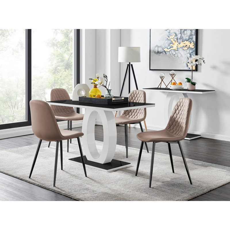 Scottsmoor Modern High Gloss & Glass Dining Table Set - 4 Scandi-Style Faux Leather Dining Chairs, Cappuccino, Black