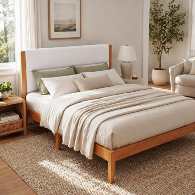 Mid-Century Modern Platform Bed Frame with Upholstered Headboard