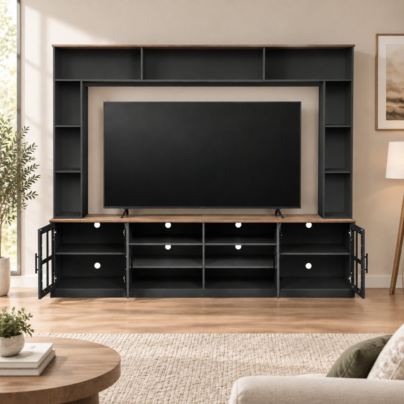 Meuble télé mural de 243 cm de large avec étagères pour téléviseurs jusqu'à 203 cm de hauteur
