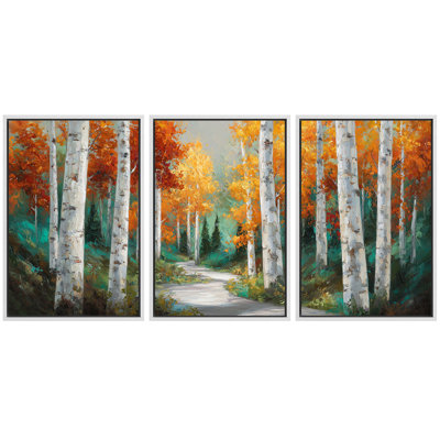 Colorful Birch Tree Woodland Artwork, Bedroom Pictures, Framed Canvas Giclee Print 3 Pieces Wall Art - 16"x24"x3pcs, 24"x36"x3pcs