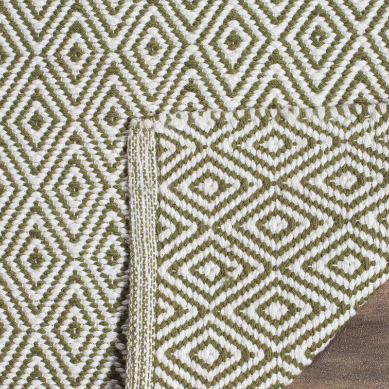 Tapis ivoire / vert en coton tissé à plat à la main Akihiro, Rectangle 2 pi 6 po x 4 pi