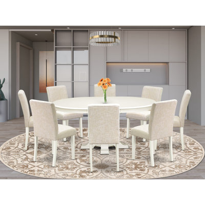 L'ensemble de salle à manger 9 pièces Mid Century comprend une table de salle à manger avec un plateau rond et 8 chaises en tissu de lin à haut dossier, blanc lin