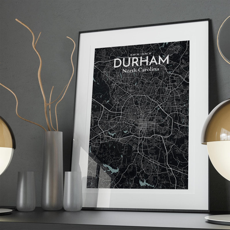 Durham City Map, impression, H 36 po x l 24 po, Gris/noir