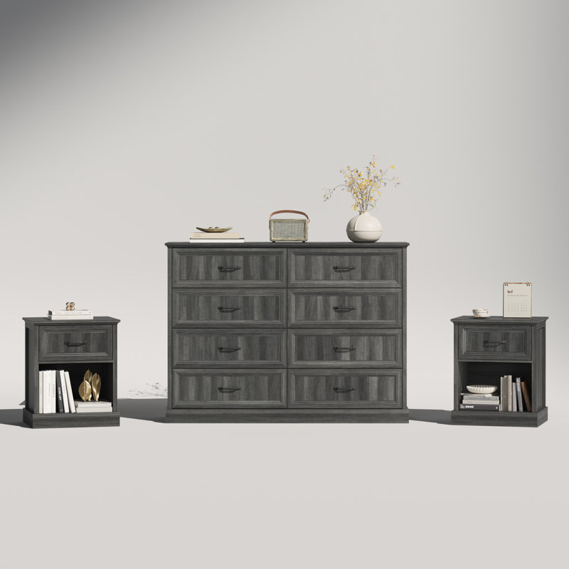 Ensemble de chambre à coucher 3 pièces, commode 8 tiroirs et 2 tables de chevet, Blanc délavé / gris