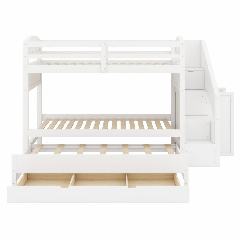 Structure de lit superposé en bois avec lit gigogne, escalier de rangement, trois tiroirs et garde-robe intégrée, Blanc