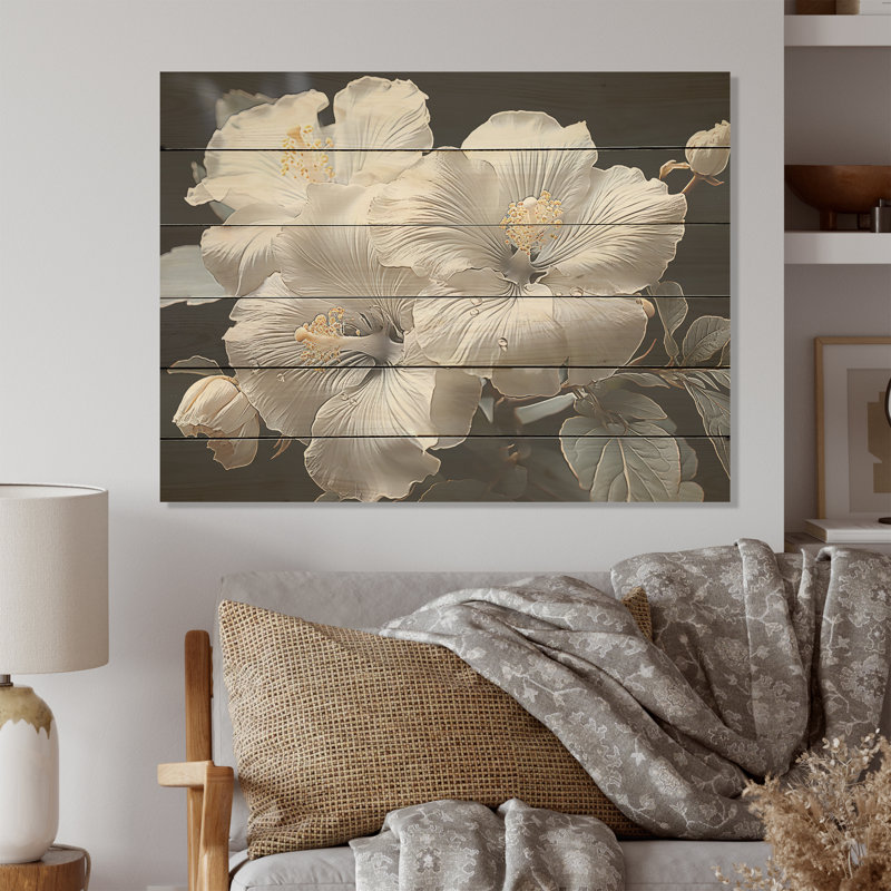 Fleurs d'hibiscus blanches illuminées au clair de lune I - Art mural en bois d'hibiscus sur bois de pin naturel