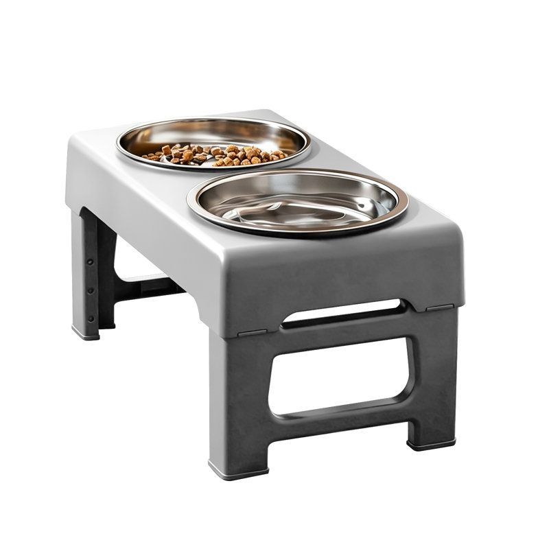 Support pour bols pour chien surélevé avec mangeoire lente et 2 plats en acier inoxydable, Grey