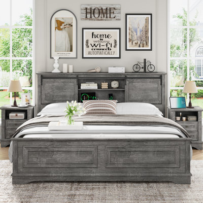 Farmhouse King Platform Bed Frame With Sliding Barn Door Headboard & Charging Station – Rustic Wood Bed With Storage Shelves