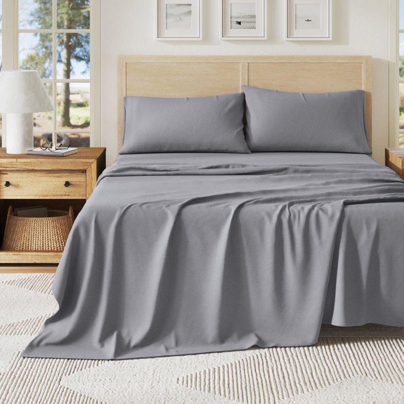 Ultra-Soft Cotton Heathered Melange Jersey Knit Sheet Set, Twin with 1 Pillowcase, Heathered Denim Blue