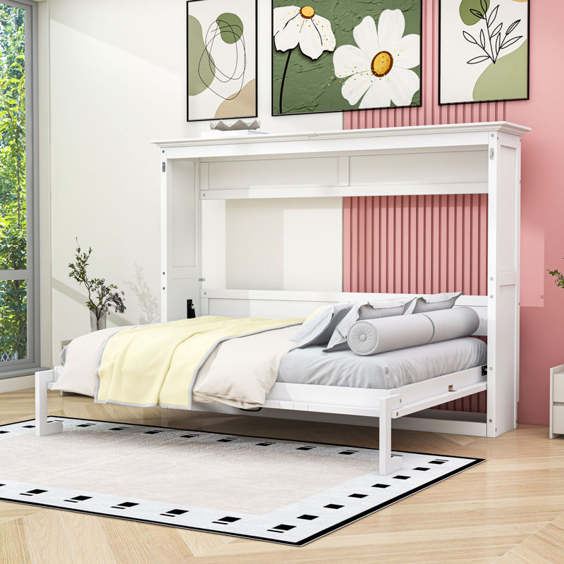 Lit escamotable double en bois avec lattes, Blanc