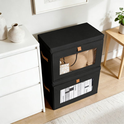 Bacs de rangement avec ouverture frontale et fenêtre transparente - Grandes boîtes de rangement empilables en tissu avec poignées pour le placard, le salon et l'organisation de dortoir