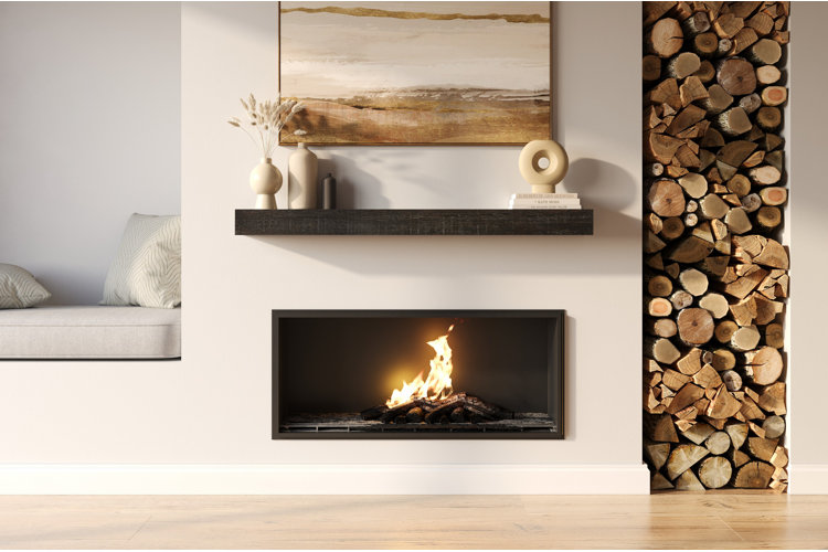 contemporary living room with black fireplace mantel shelf decorated with vases, books, and neutral wall art