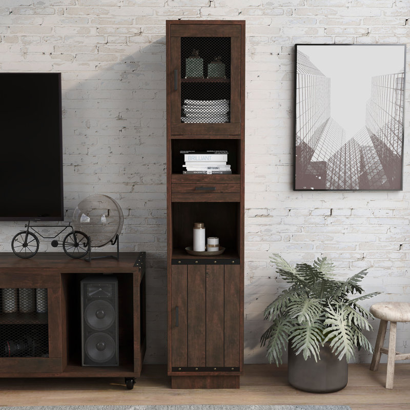 Milton 75.43"H Pier Bookshelf with Open Shelves and Cabinet, Dark Brown