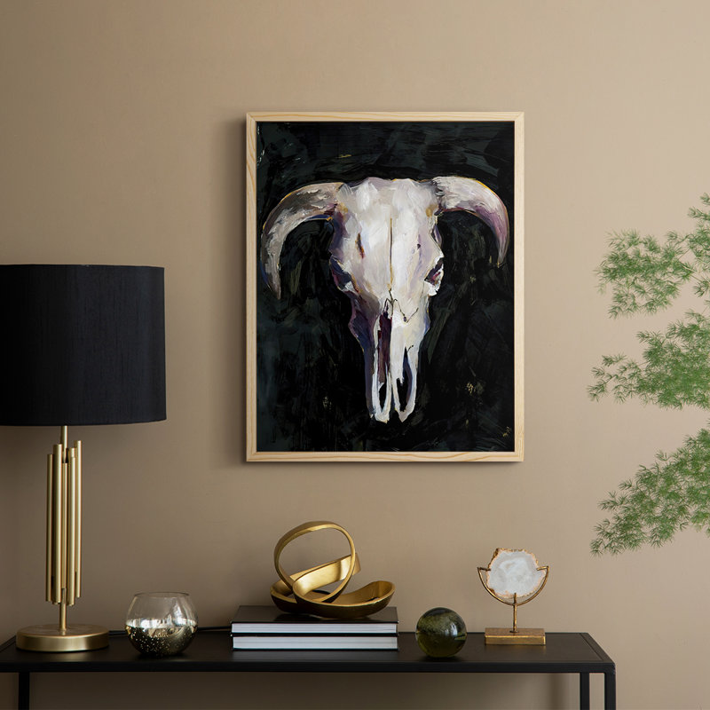 Horned Skull I, reproduction encadrée - bois massif, H 11 po x l 9 po