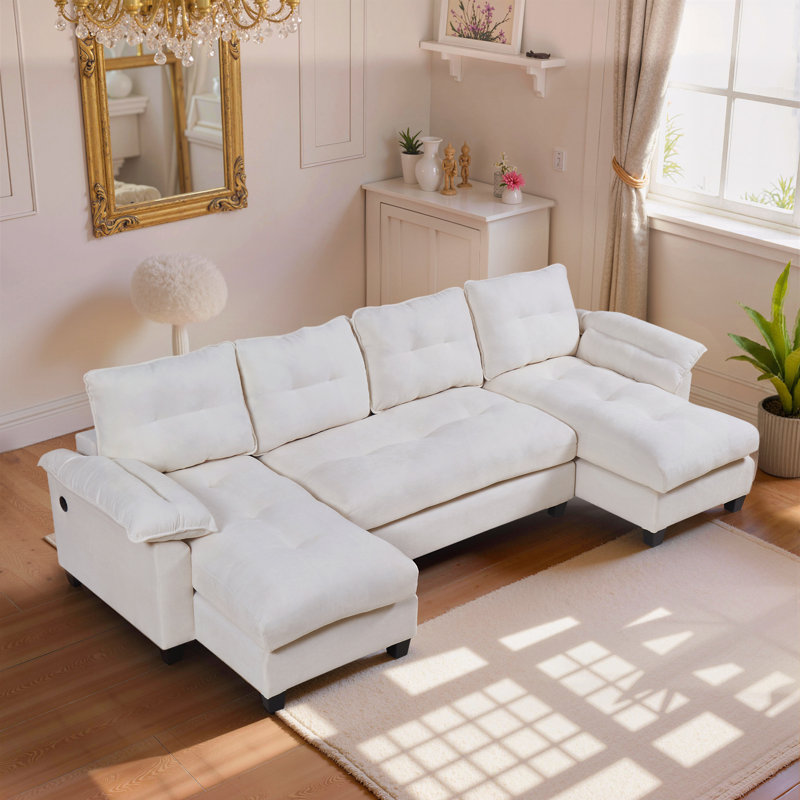 Deandre 104.7" Chenille Sofa with Symmetric U-shaped Design, Convertible Pull-Out Bed, USB/Type-C Charging Ports, Detachable Armrests & Thick Cushions for Living Room Leisure & Versatile Home Use