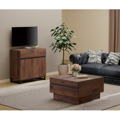 Aadam 2-Piece Modern TV Stand And Coffee Table Set, Storage Entertainment Center For Tvs Up To 40 Inches, Square Coffee Table With Tempered Glass And Four Storage Drawers For Living Room, Brown