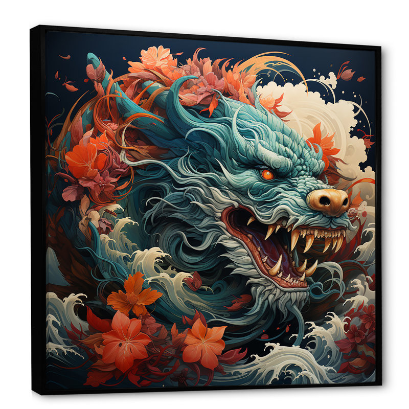 Dragon japonais sur la vague au large de Kanagawa II - Dragons, art mural, H 16 po x l 16 po x P 1 po, Cadre flottant noir