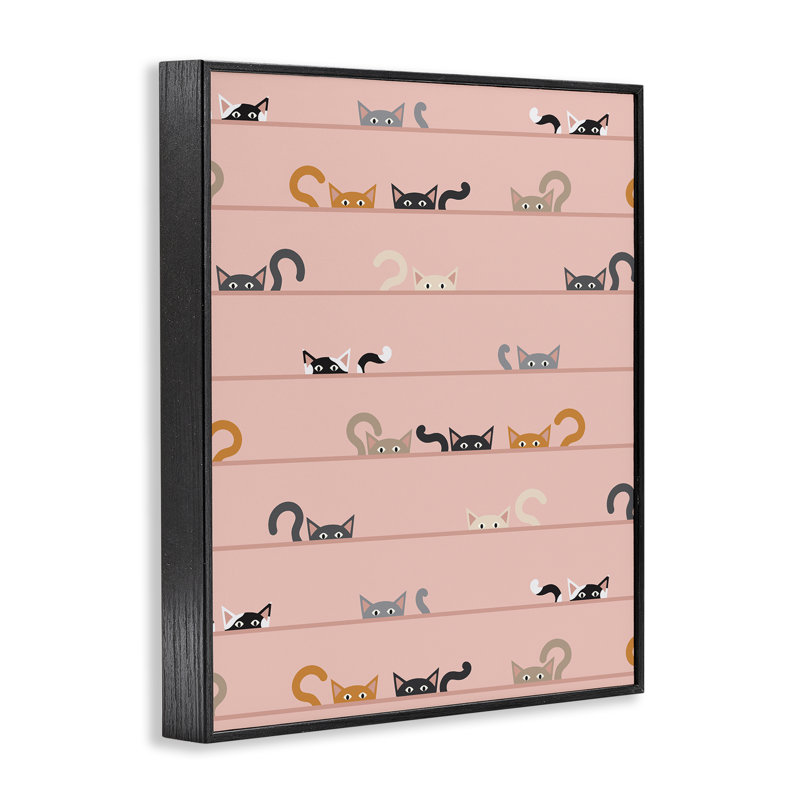 Peeking Cats on Pink, estampe numérique, design par Sazerelli Designs, H 14 po x l 11 po, Giclée encadrée noir minuit