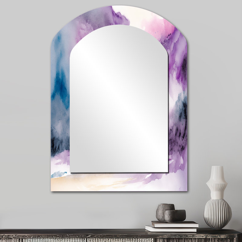 Violet Storm At The Horizon II - Liquid Ink Arch Large Mirror, Modern Asymmetrical Unique Wall Mirror Decor, Printed Metal Art