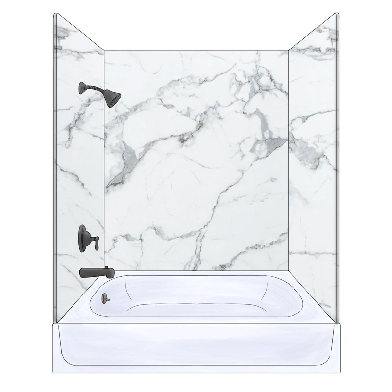 Polymarm 60" W 62" H 33" D Three Wall Composite Shower Tub Wall Panel Surround, Calacatta Gray