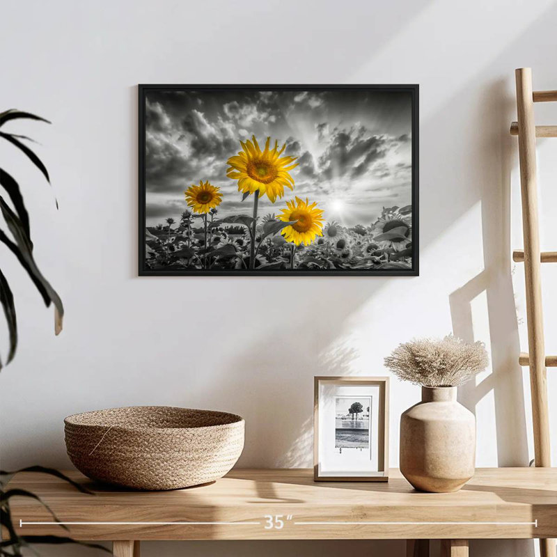 Tournesols de couleur jaune coucher de soleil, 19 po x 13 po, Cadre flottant noir