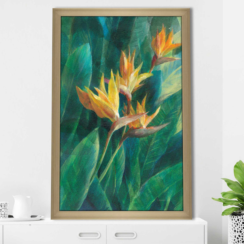 Oiseau du paradis I - Peinture, H 27,5 po x l 21,5 po x P 0,75 po, Encadrement champagne
