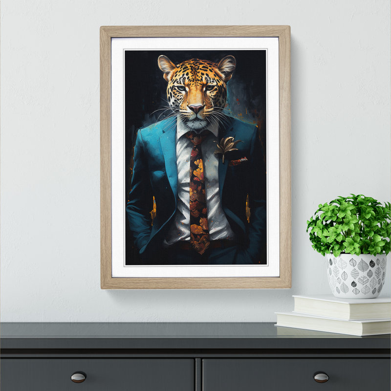 Leopard In A Suit Painting No.4 - Single Picture Frame Print on Wood, 34cm H x 25cm W x 2cm D, Oak Framed