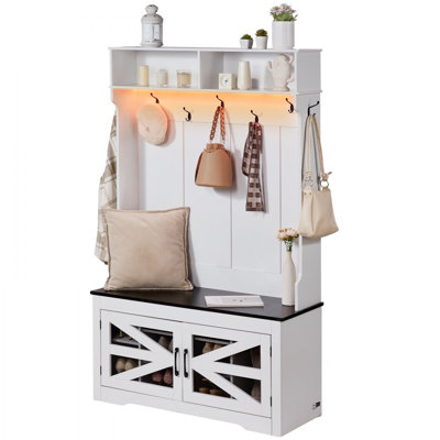 Hall Tree Entryway Bench, LED Coat Rack with Shoe Storage, 42" Wide Mudroom Bench with Storage and Seating, Adjustable Shelves and 7 Hanging Hooks, fo