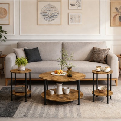 3 Piece Coffee Table and End Table Set with Storage Shelf for Living Room