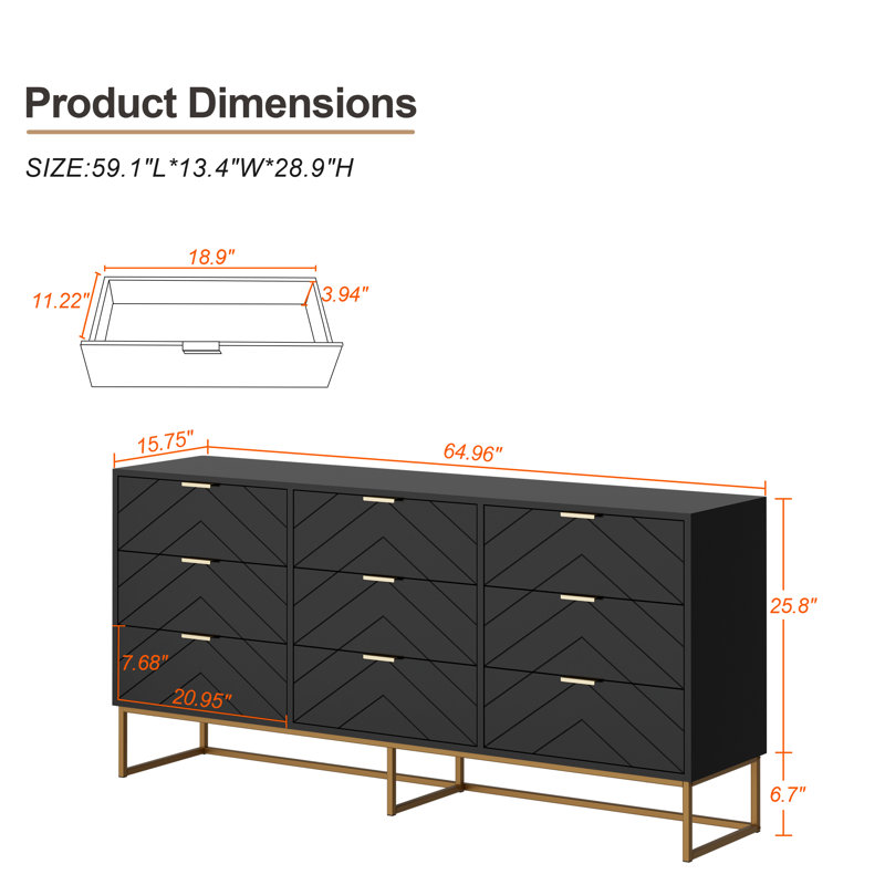 9 Drawer 65" W V-shaped Line Dresser, Black