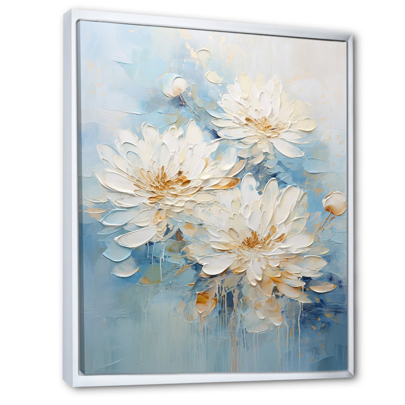 Chrysanthèmes blancs et bleus I - impression, H 32 po x l 16 po x P 1 po, Cadre flottant blanc