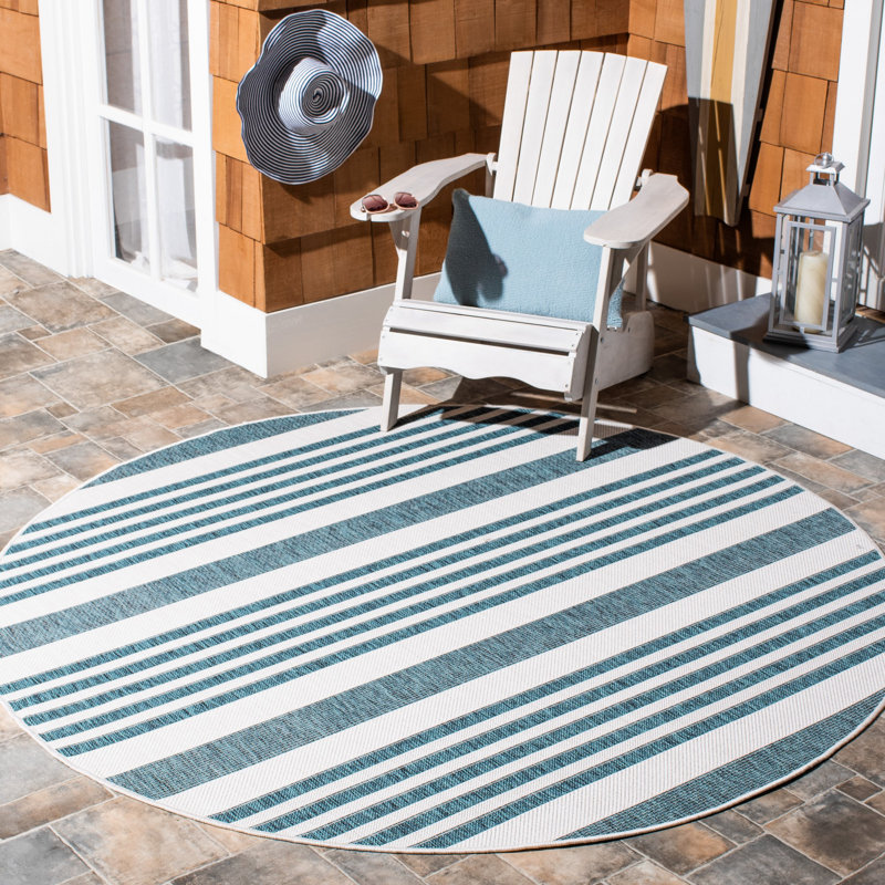 Tapis bleu sarcelle rayé intérieur / extérieur Husse, Rond 6 pi 7 po