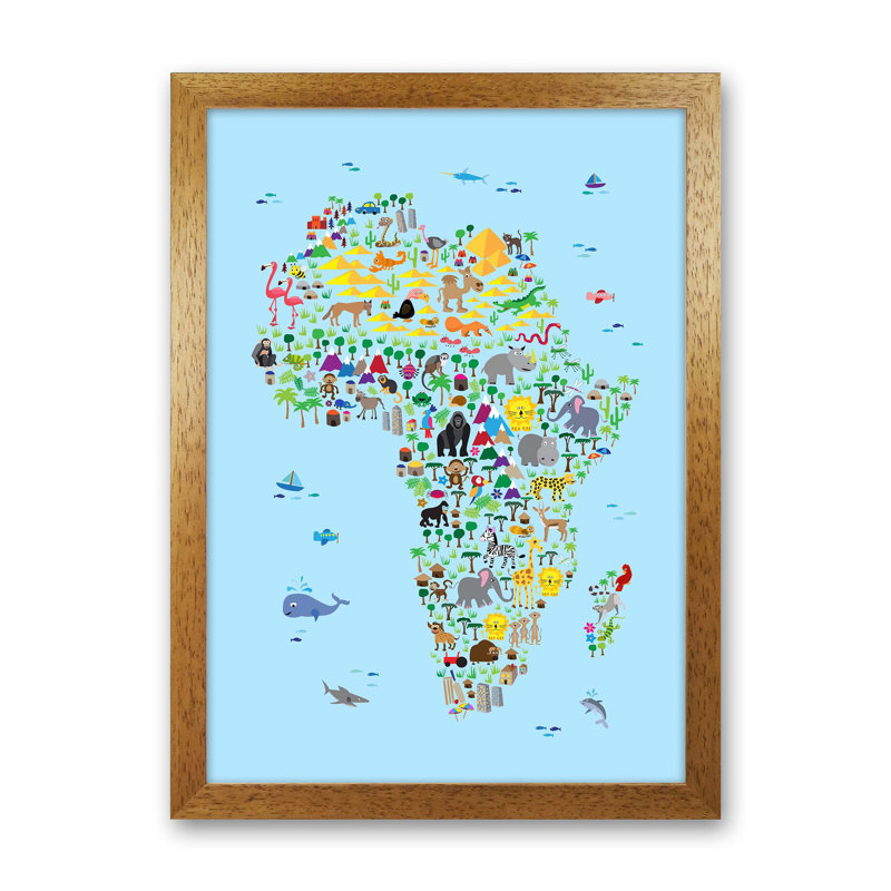 Animal Map Of Africa Nursery by Michael Tompsett - Print, Brown Framed, 34cm H x 25cm W x 3cm D