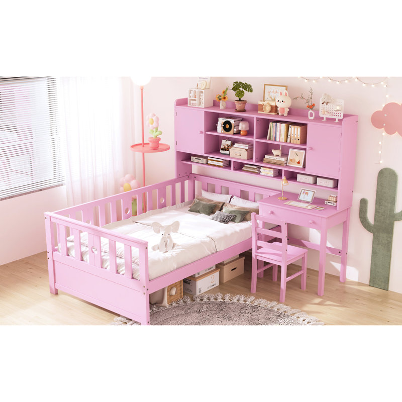 Lit simple en bois avec bureau productif, chaise exquise et bibliothèque intégrée, rose réglable, Rose
