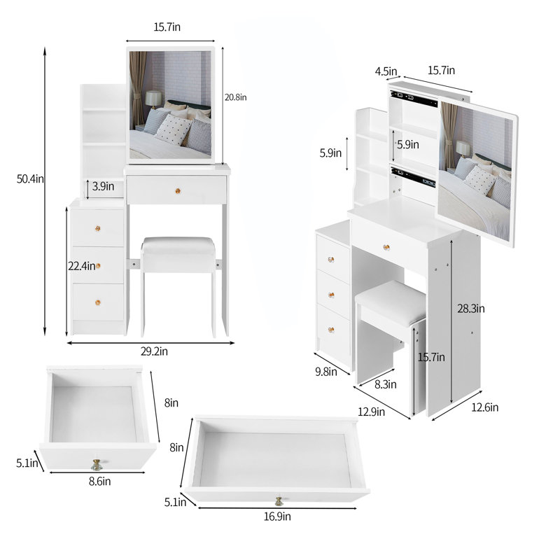 Petite coiffeuse 29,2 po avec miroir coulissant très grand, ensemble de coiffeuse blanche avec tabouret rembourré et rangement multicouche - style américain