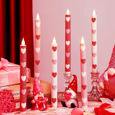 6 Pcs 10.6 Inch Valentine Day Flameless Taper Candles – Heart Shaped Battery Operated Led Candlesticks, Valentine/wedding/anniversary Dinner Table Decor Essential