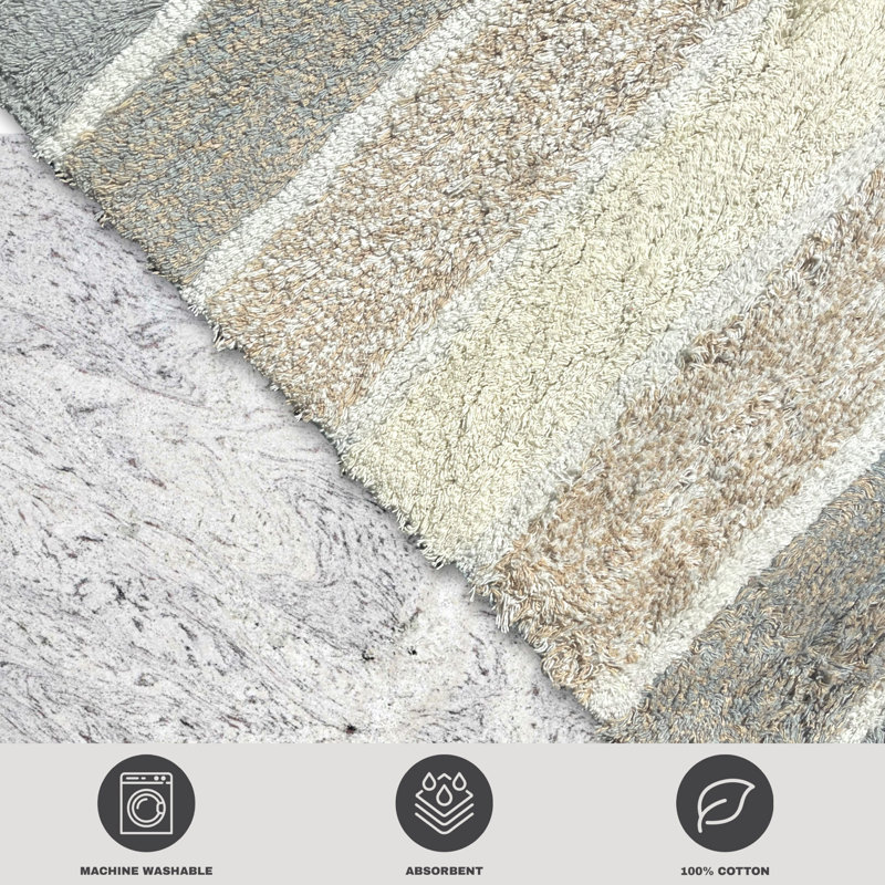 Cervantes 100% Cotton Non-Slip Bath Rug, Gray/Beige, 21''x34''/17''x24''