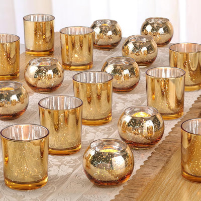 Lot de 30 photophores dorés assortis, grands centres de table dorés pour mariage, photophores et bougeoirs en verre mercurisé pour fêtes, décorations de Diwali et décoration intérieure.