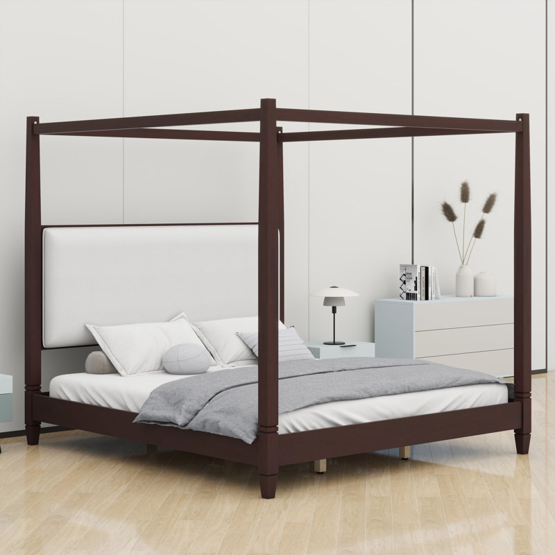 Lit plateforme à baldaquin confortable avec tête de lit tapissier et pieds de lattes en bois fiables, Grand lit, Espresso