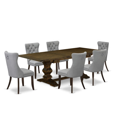 Ensemble de salle à manger 7 pièces comprenant une table rectangulaire en bois massif avec rallonge amovible et 6 chaises rembourrées