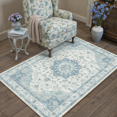 Stella Machine Washable Oriental Blue Area Rug