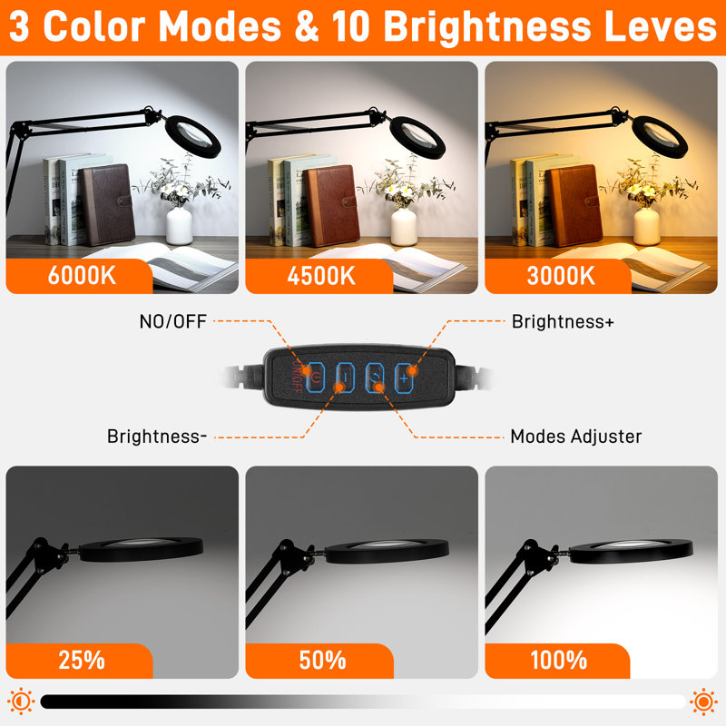 Desk Lamp with Round Stand & Clamp, Magnifier LED Lamp, Adjustable Height Table Light